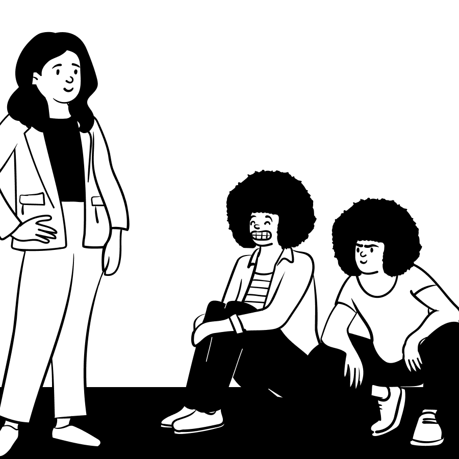 Characters actively listening to a presenter.
