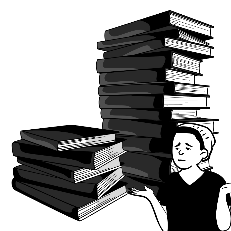 Unamused person surrounded by piles of textbooks.